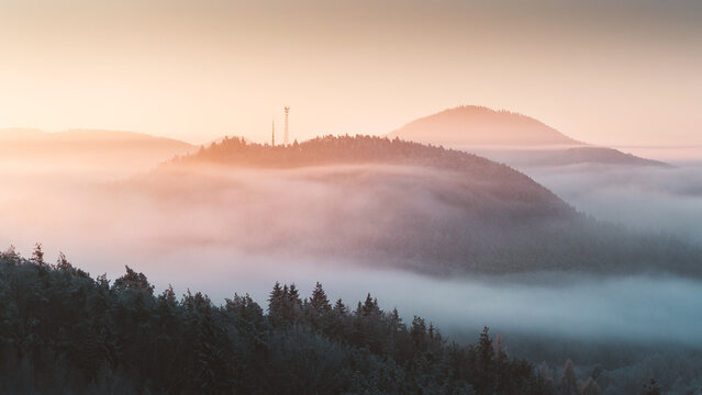 View of ethereal fog blankets the rolling hills, kissing the dark silhouettes of trees and a distant tower under a gentle pastel sky, Dahn, Rheinland-Pfalz, Germany.