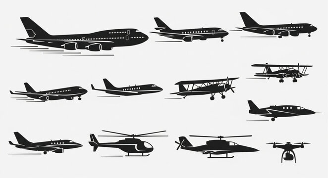 Collection of Various Aircraft Silhouettes - Diverse Aviation Vectors.