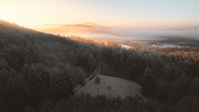 View of snow-kissed forest and fields meeting a soft, golden horizon, shrouded in mist, casting a tranquil spell over the land, Dahn, Rheinland-Pfalz, Germany.