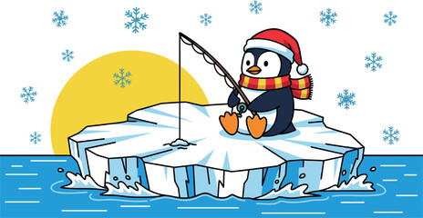 Cute cartoon penguin fishing on floating ice with winter scarf and Santa hat, festive arctic wildlife illustration showing snowy ocean scene isolated on background. © MdZahedul