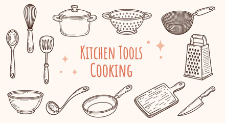 Kitchen tools for cooking doodle set, hand drawn cookware icons, pot, pan, grater and chef knife sketches, culinary equipment vector elements. © TanForest
