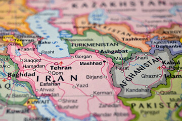 Naklejka premium Mashhad Iran on World Map Close Up Macro Defocused Background Geographic Image