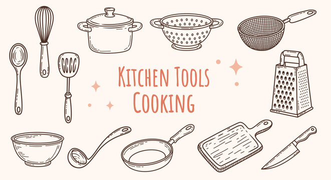Kitchen tools for cooking doodle set, hand drawn cookware icons, pot, pan, grater and chef knife sketches, culinary equipment vector elements.