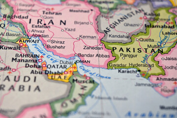 Defocused World Map Background Showing Bandar Abbas Location Top View Geography and Travel Concept