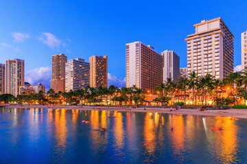 Honolulu, Oahu. Skyline and Waikiki beach at twilight, Hawaii. USA © SCStock
