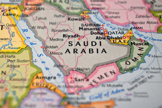 Defocused World Map Showing Saudi Arabia Location Top View Geography Travel Concept Background