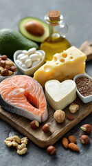 Fototapeta premium Vibrant display of raw salmon, heart shape cheese, avocado, nut, and oil representing cholesterol chaos and healthy food nutrition choice