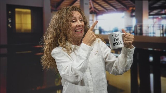 Woman points finger to mug reading i am the boss while holding coffee and grinning inside a bright cafe building; confidence.