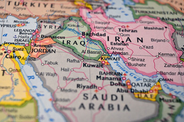 Naklejka premium Al Basrah Iraq on World Map Close Up Macro Defocused Background Geographic Image