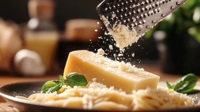 action shot of a large, crumbly wedge of homemade aged cheese being grated