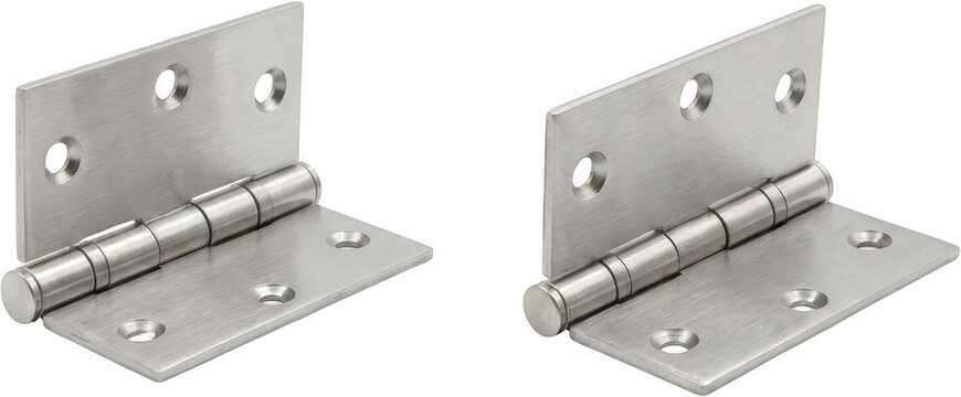 Two identical brushed metal door hinges shown from a side angle detailed with visible screws holes and pin metal hinge stainless steel hardware construction building home improvement