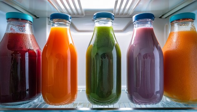 assorted colorful juice bottles on a fridge shelf