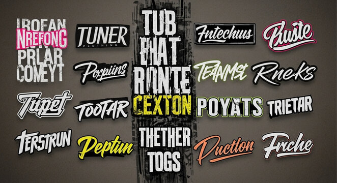 Collection of Typography Designs - IROFAN, ALONG, TUNER, TUB, ENAT, RANTE, Futechus, Ruste, TENME, Rneks, COMEYT, Pos, Tupet, TOOTAR, CEXTON, POYATS, TRIETAR, T