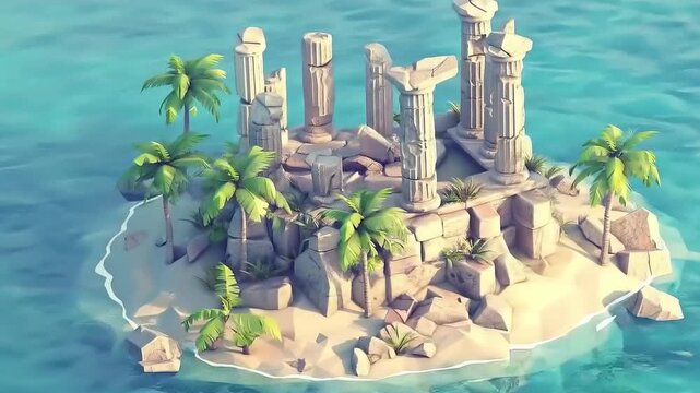 ruins of a monument on an island in 3D isometric low poly clay style 4K Videos