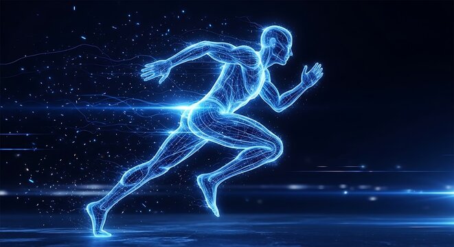 A digital rendering of a sprinting human figure composed of glowing blue lines and particles