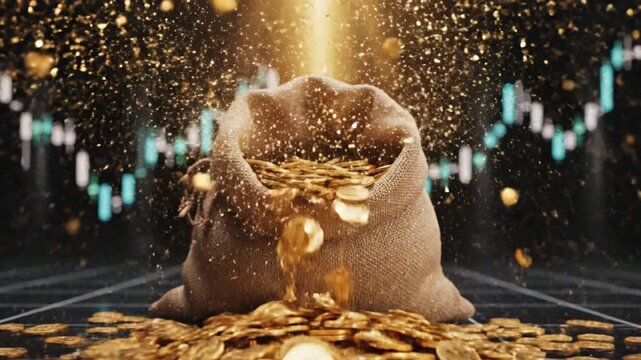 A video showcases a burlap bag overflowing with gold coins on a trading floor.