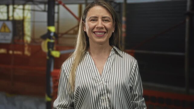 Blonde woman clutch chest under yellow scaffolding beams at outdoor construction site; gratitude relief hope.