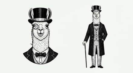 Elegant Llama Dressed in Formal Attire with Top Hat and Monocle. © Anak