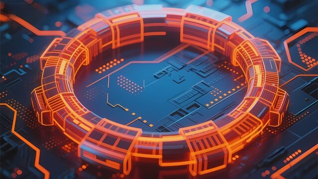 Futuristic circular circuit structure with glowing orange pathways on a blue electronic background