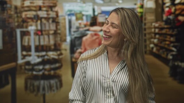Woman smiling with visible face and pearl earring in a brown store aisle amid wooden shelves; lighthearted joy.