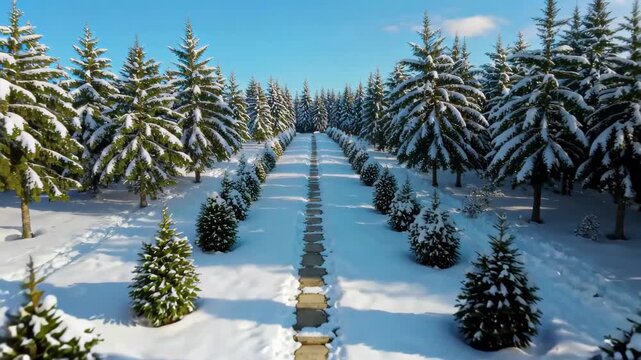 Slate path in a snowy forest in winter