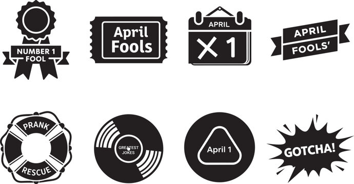 April fools day funny joke flat vector icons set. calendar, ticket, banner, award symbols design. number one fool medal