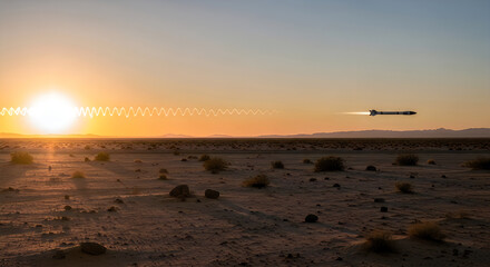 Missile flying through desert landscape with energy wave and sunset