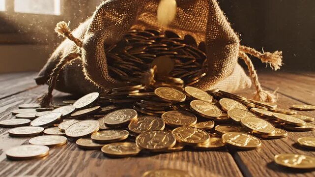 A video captures a burlap sack filled with gold coins spilling onto a wooden table indoors.