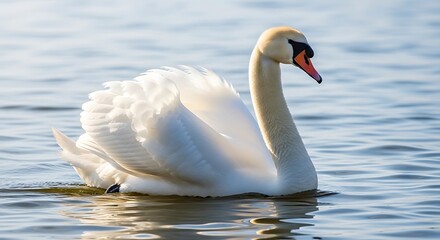 Fototapeta premium A graceful white waterfowl glides calmly upon shimmering blue water, feathers pristine and poised