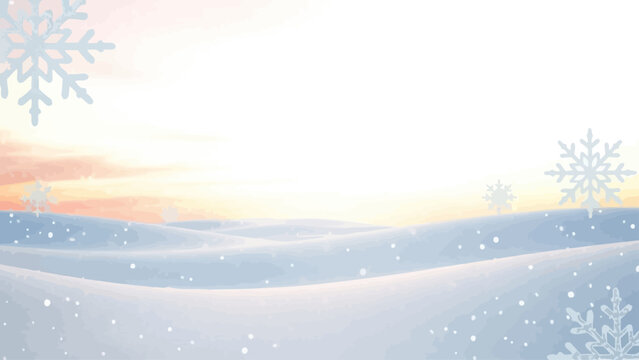 Snowflakes Falling on Snowy Landscape at Dawn.