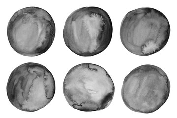 Grey Watercolor Circles Set. Hand painted circle, aquarelle blobs isolated on white background. Watercolour paint black and white round stains collection.