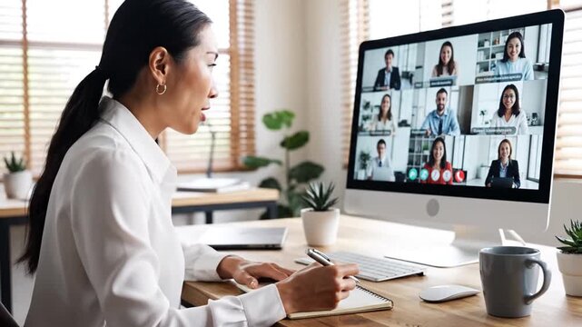 Woman in office working on computer with video conference on screen.