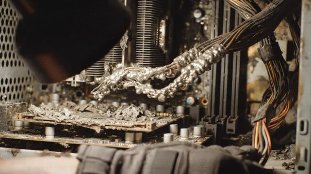Burnt Computer Components: Close-up View of Damaged Motherboard, Melted Wires, and Destroyed Electronics