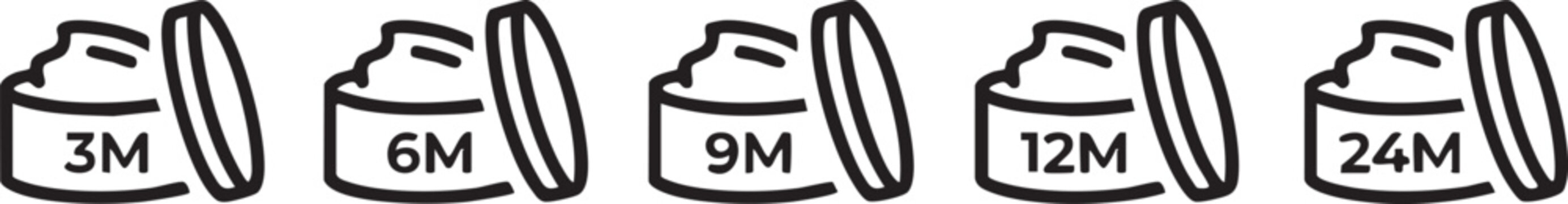 Period after opening icons set of cosmetic product shelf life symbols for packaging and labels simple line art