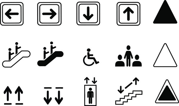 Black and white icons display various directional and accessibility symbols for elevators and escalators on a white background.