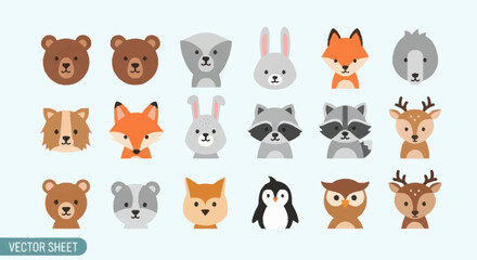 Fototapeta premium Collection of Cute Forest Animal Faces Vector Illustrations.