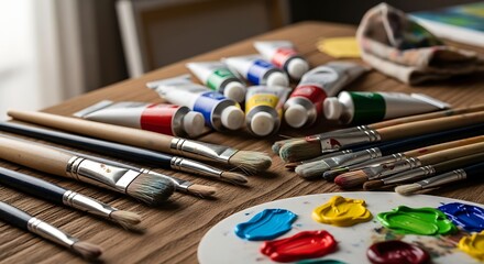 Obraz premium Paint brushes and acrylic paint tubes on wooden table with natural light, realistic artistic workspace atmosphere in a creative art studio concept.