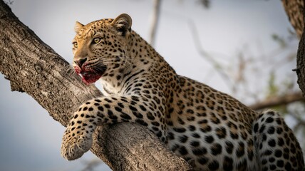 Naklejka premium Powerful Leopard Resting on Tree Branch with Fresh Kill, Majestic Spotted Big Cat Predator in African Savanna Wildlife Hunting Scene