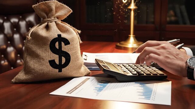 Person calculating money bag with dollar sign on desk with papers and calculator in office