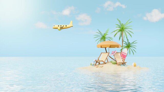 Tiny tropical island floating in calm ocean water with beach chair and palm trees. A small airplane flying above represents summer travel and beach getaway on a bright blue sky background.