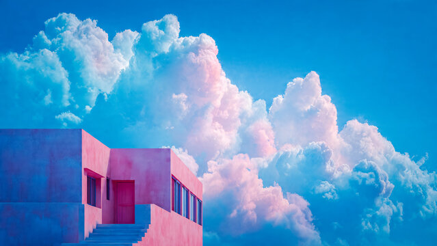 Immeuble rose avec ciel bleu et nuages blancs
