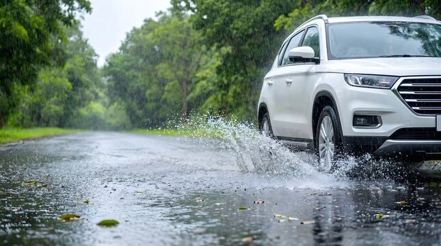 White SUV Driving Fast Through Rain Puddle Splashing Water on Wet Asphalt Road in Green Forest Landscape

