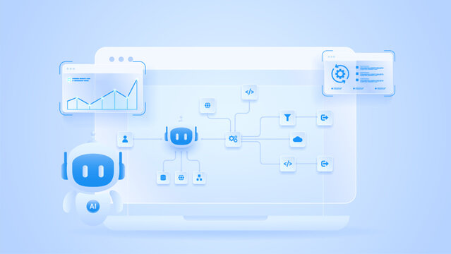 AI workflow automation artificial intelligence. ai agent workflow diagram dashboard machine learning architecture with processing flow, cloud, data analytics and automation system.