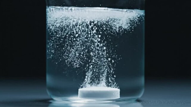Effervescent tablet dissolving in water: a visual demonstration of a chemical reaction, bubbling with gas.