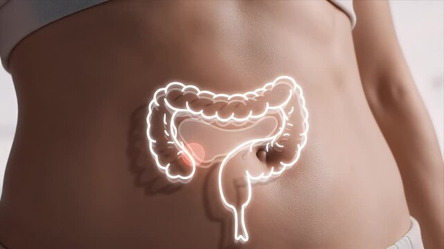 Close-up abdominal animation showing digestive system outline with highlighted discomfort area soft shadow on skin for medical awareness and educational purposes
