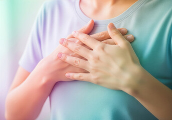 Fototapeta premium Woman meditates with hands on chest.
