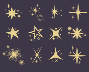 Fototapeta premium Flat Vector Sparkle and Star Icons, Features various designs from four-pointed stars to 