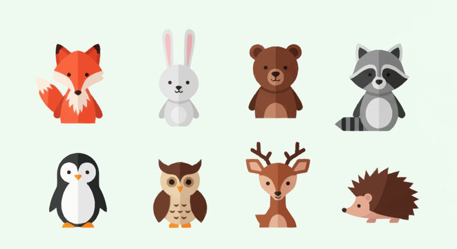 Collection of Cute Forest Animals in Flat Design Style.