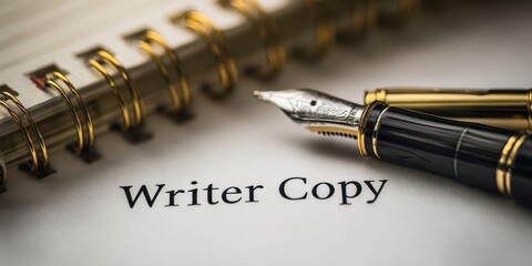 Fototapeta premium The fountain pen resting on a spiral notebook beside the words Writer Copy