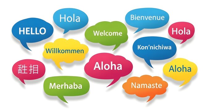 Collection of diverse language welcome messages in a speech bubble format, creating a warm, inclusive, and communicative scene.